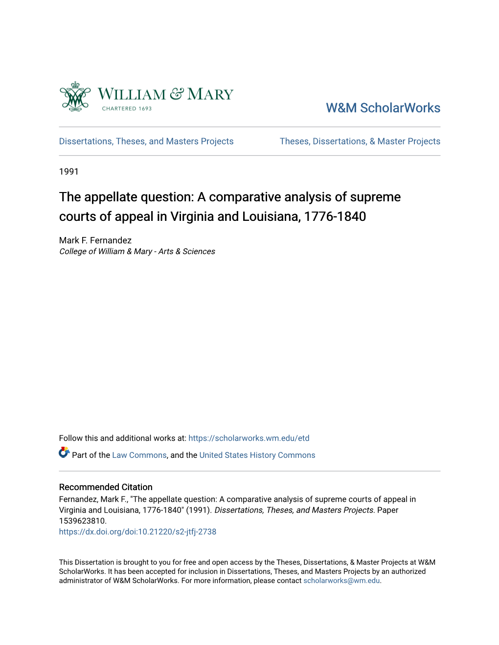 The Appellate Question: a Comparative Analysis of Supreme Courts of Appeal in Virginia and Louisiana, 1776-1840