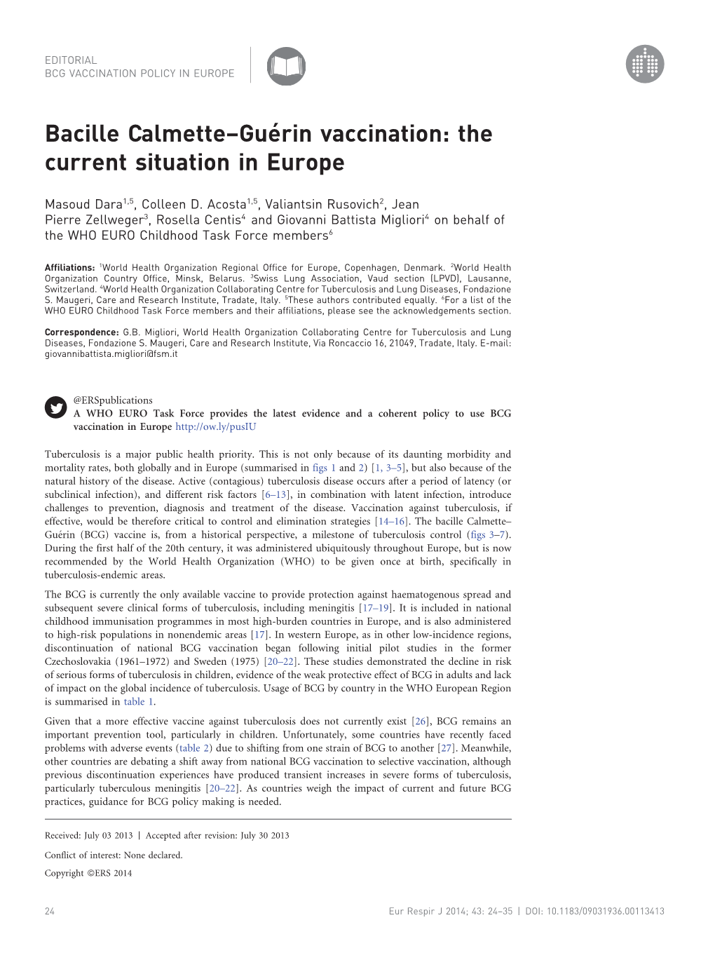 Bacille Calmette–Guérin Vaccination: the Current Situation in Europe