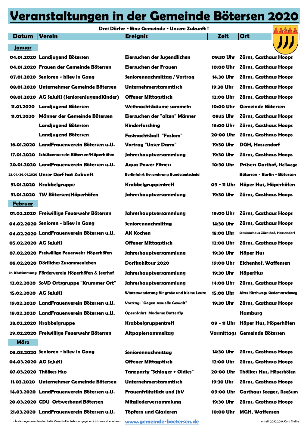 Veranstaltungen in Der Gemeinde Bötersen 2020