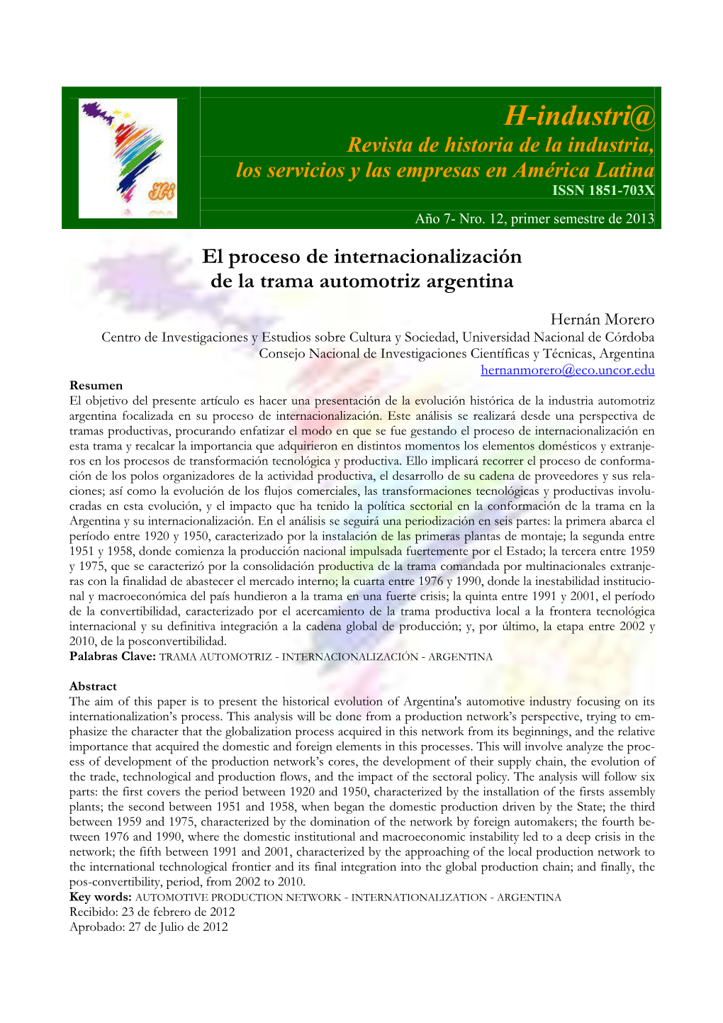 H-Industri@ Revista De Historia De La Industria, Los Servicios Y Las Empresas En América Latina ISSN 1851-703X