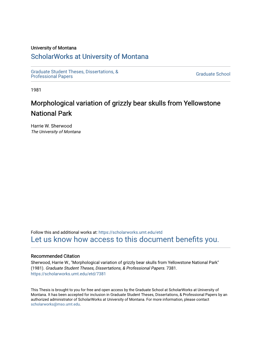 Morphological Variation of Grizzly Bear Skulls from Yellowstone National Park