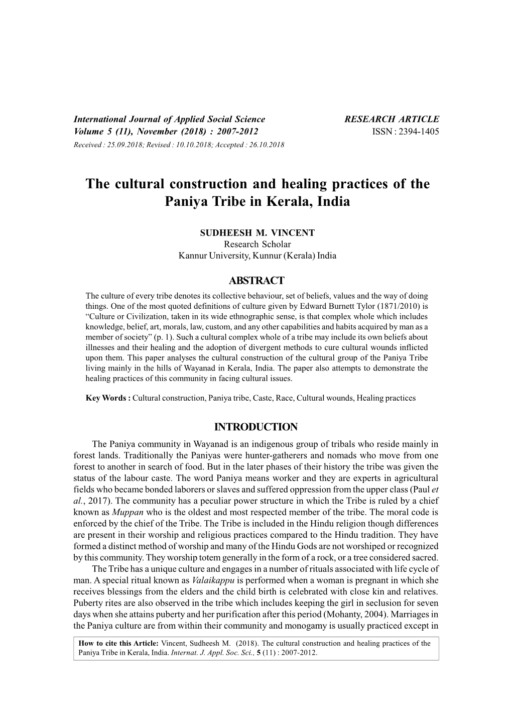 The Cultural Construction and Healing Practices of the Paniya Tribe in Kerala, India