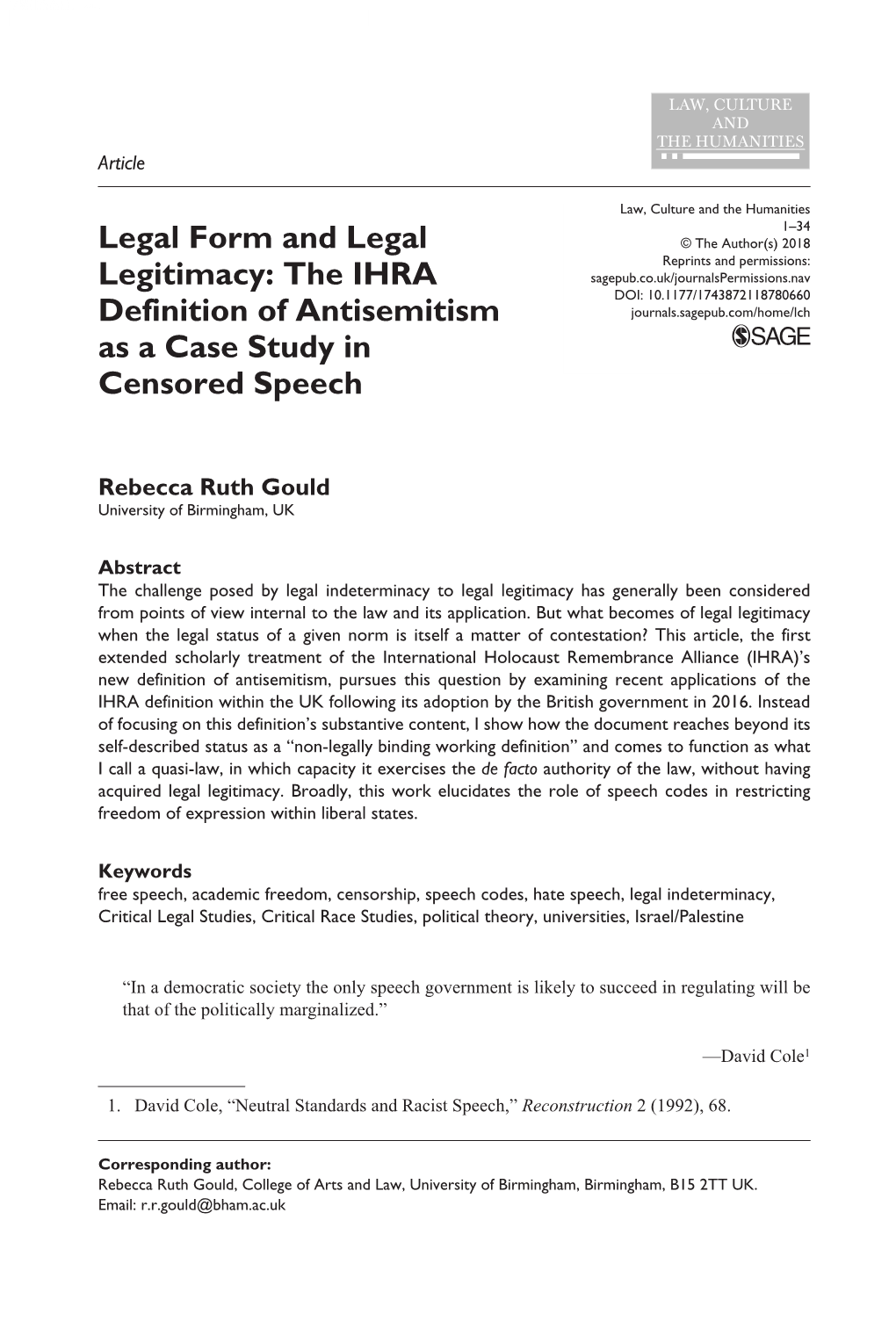 Legal Form and Legal Legitimacy: the IHRA Definition of Antisemitism As