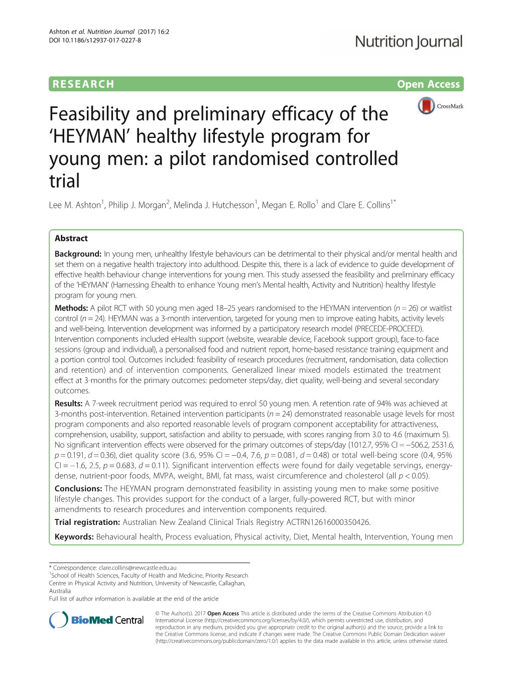 Feasibility and Preliminary Efficacy of the 'HEYMAN' Healthy Lifestyle Program for Young Men: a Pilot Randomised Controlled