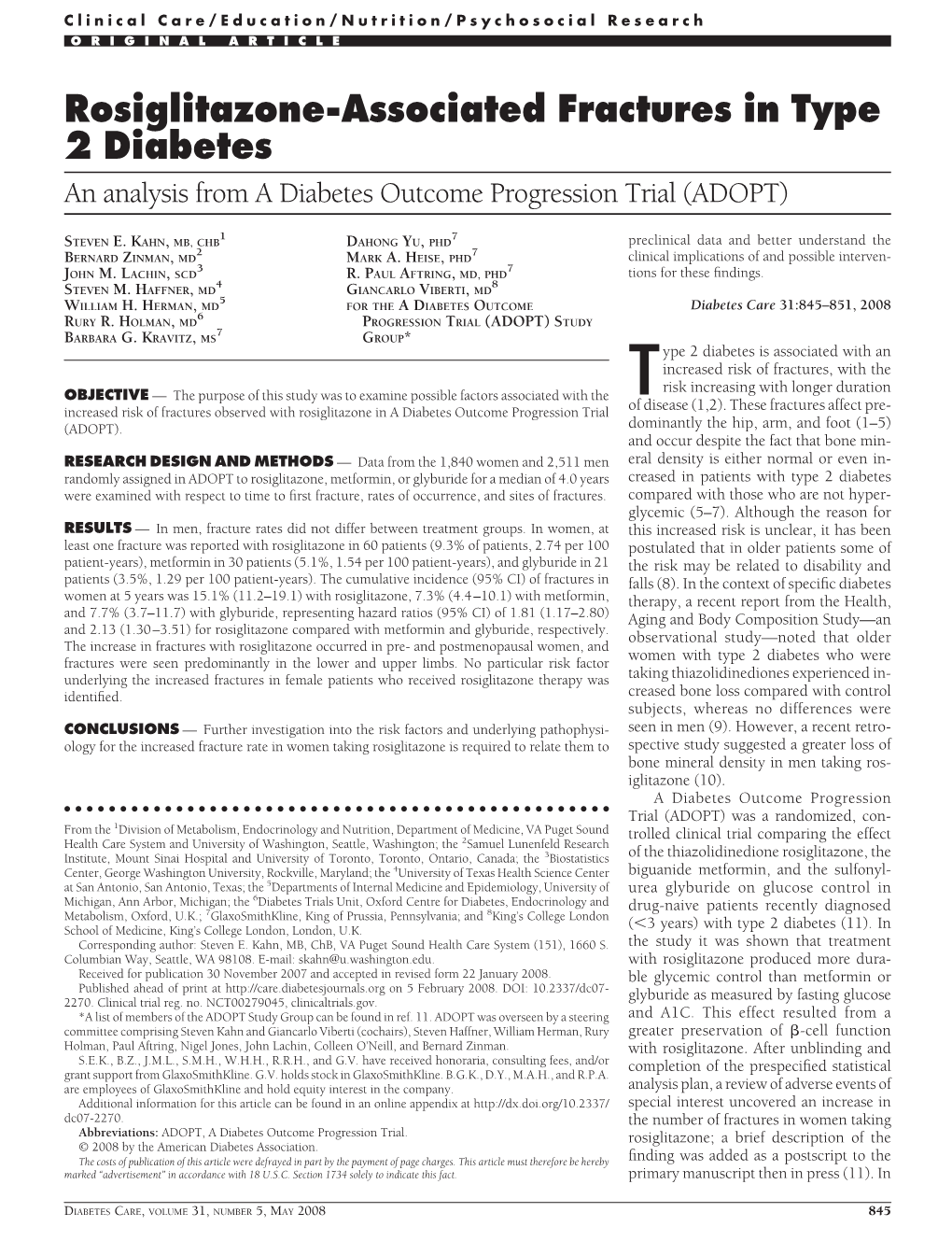 Rosiglitazone-Associated Fractures in Type 2 Diabetes an Analysis from a Diabetes Outcome Progression Trial (ADOPT)