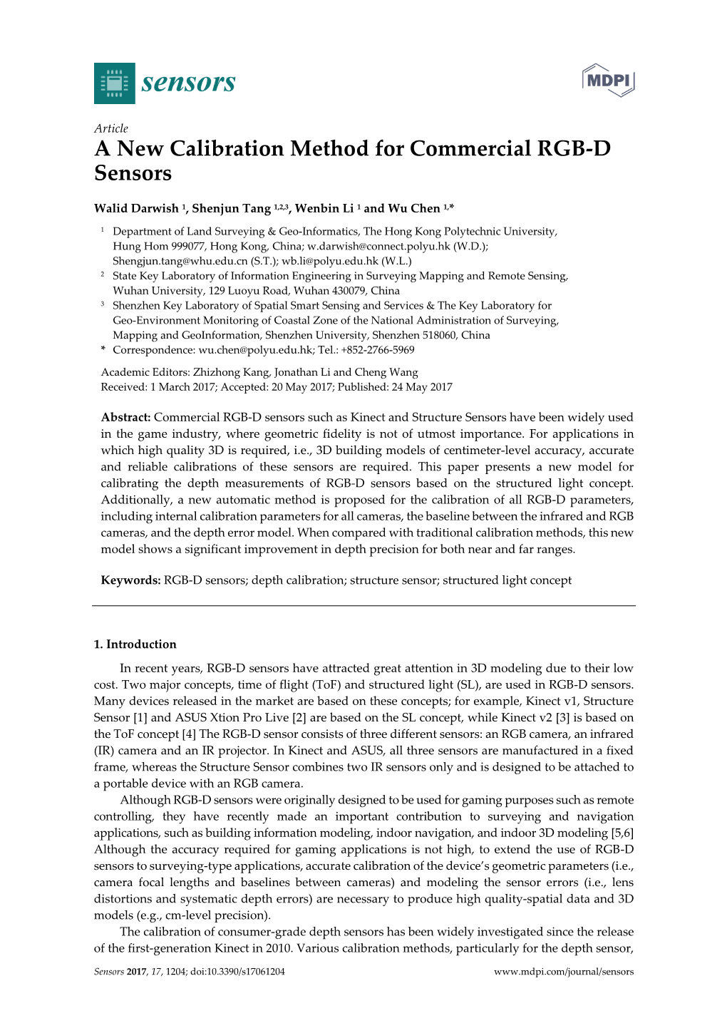 Article a New Calibration Method for Commercial RGB-D Sensors Walid