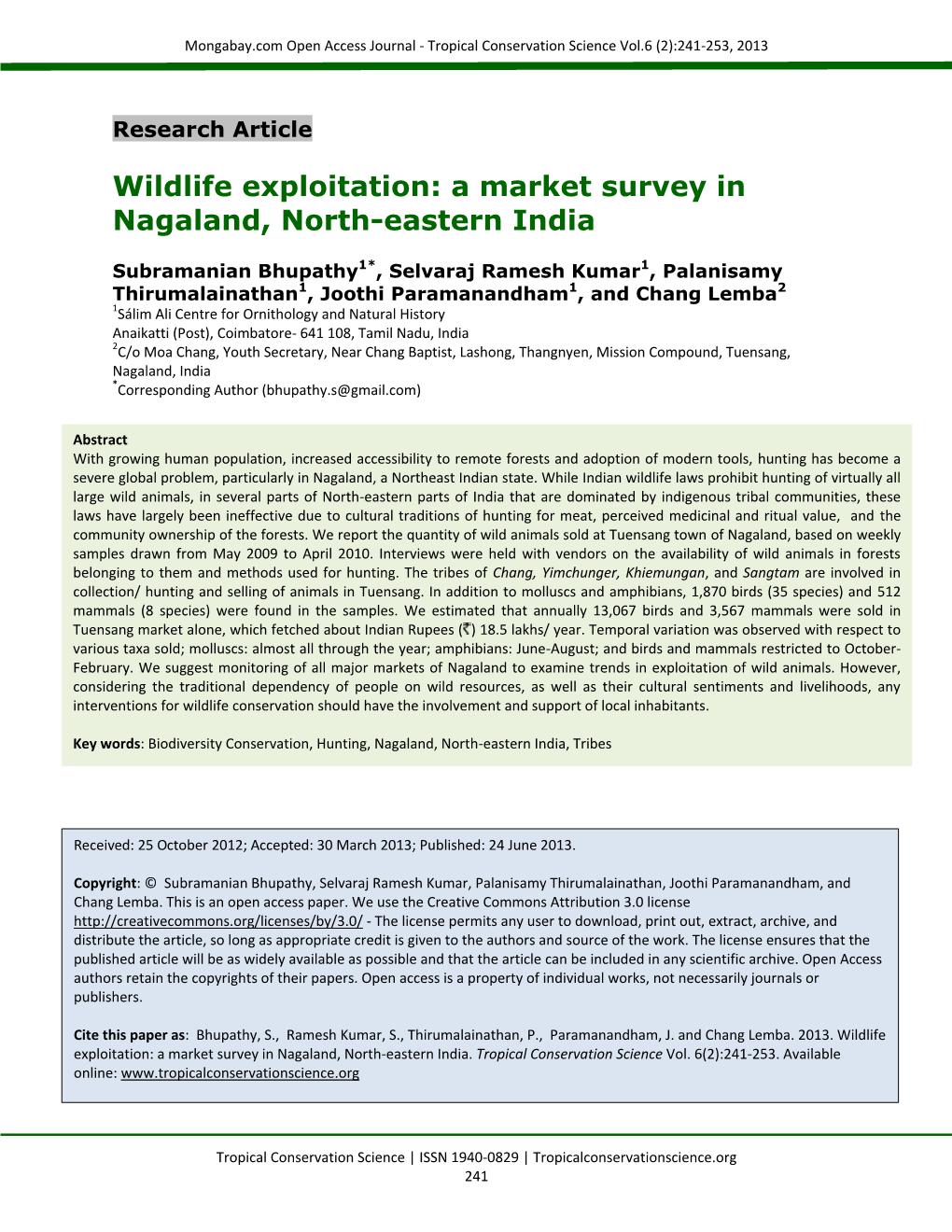 Survey of Wild Animals in Market -Tuensang, Nagaland