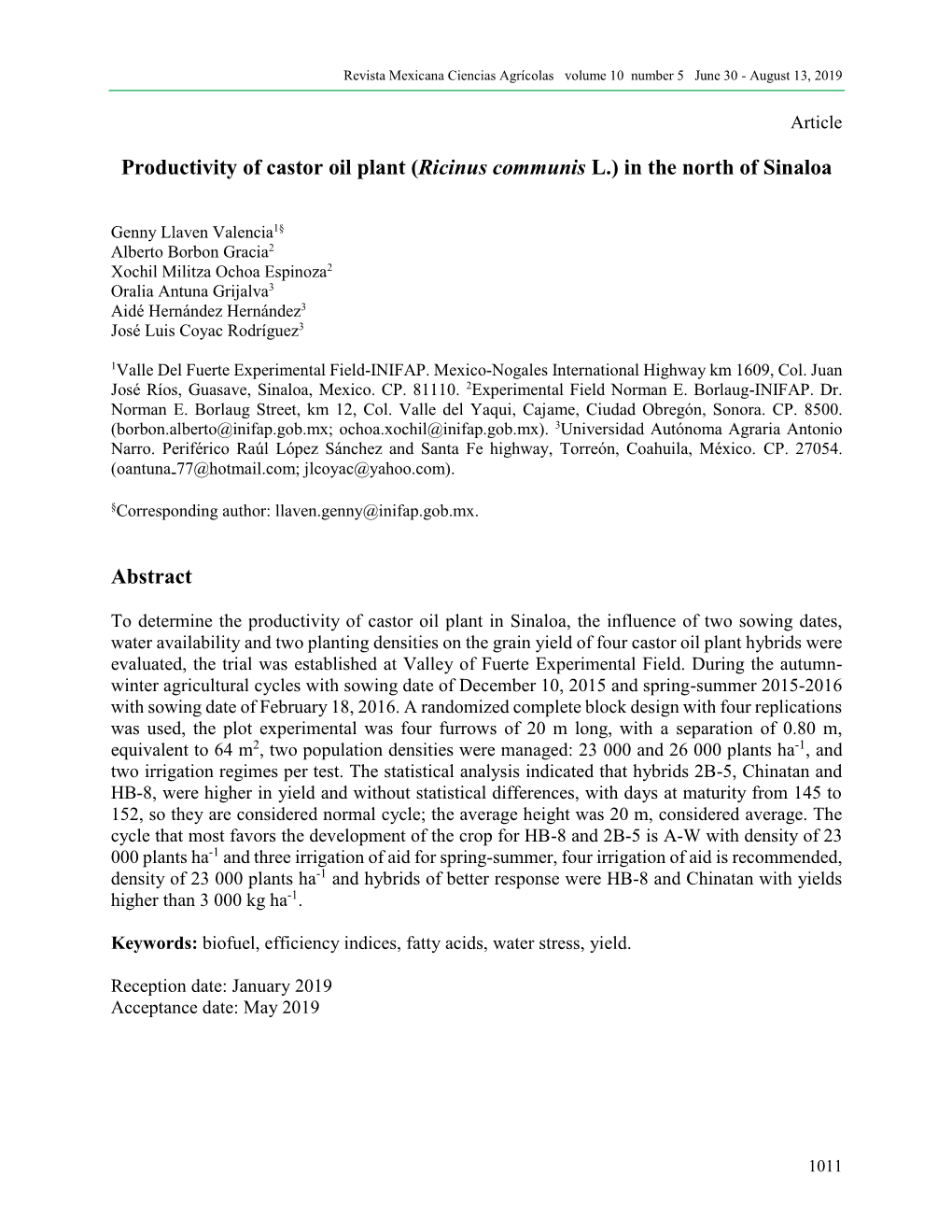 Productivity of Castor Oil Plant (Ricinus Communis L.) in the North of Sinaloa