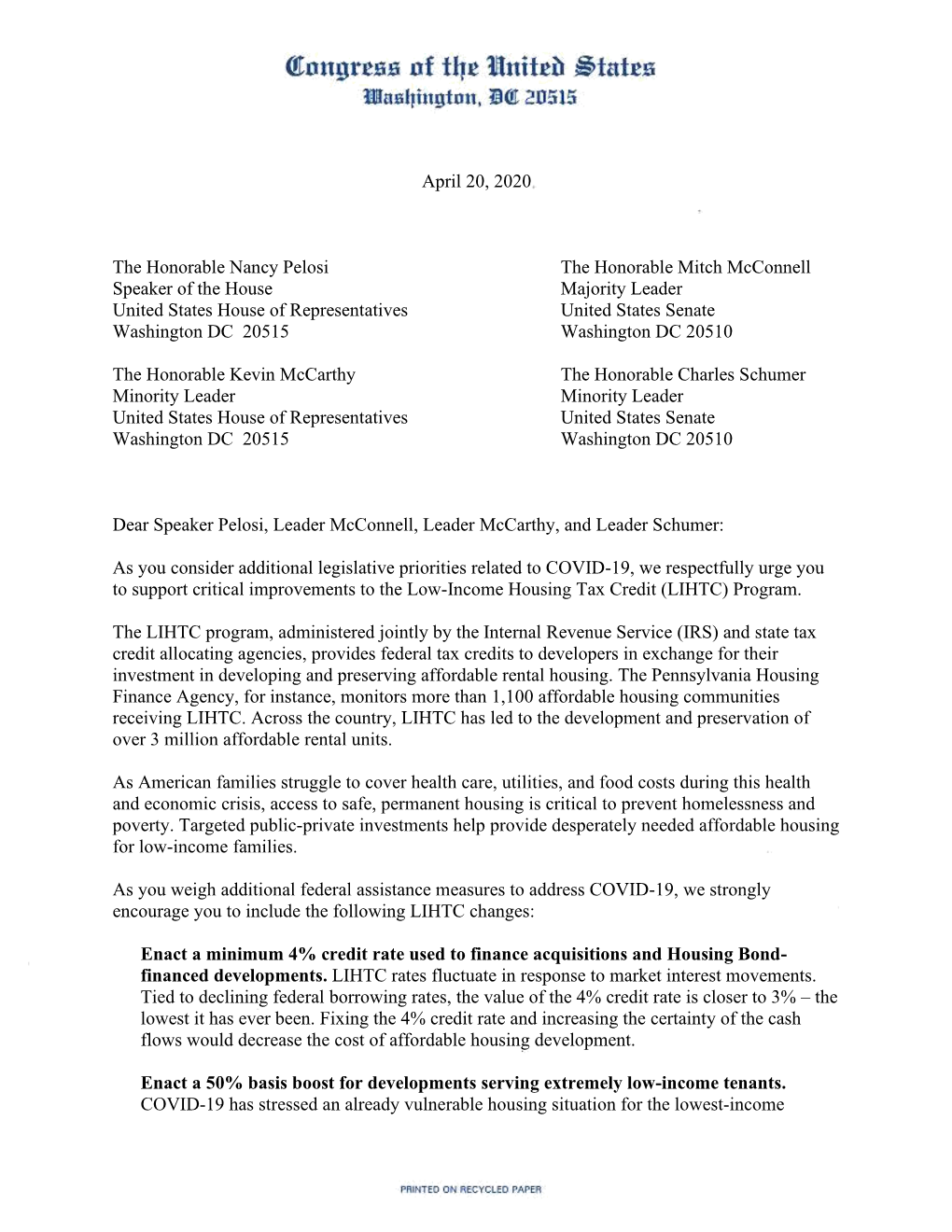 Pennsylvania Delegation Letter to Congressional Leadership on LIHTC