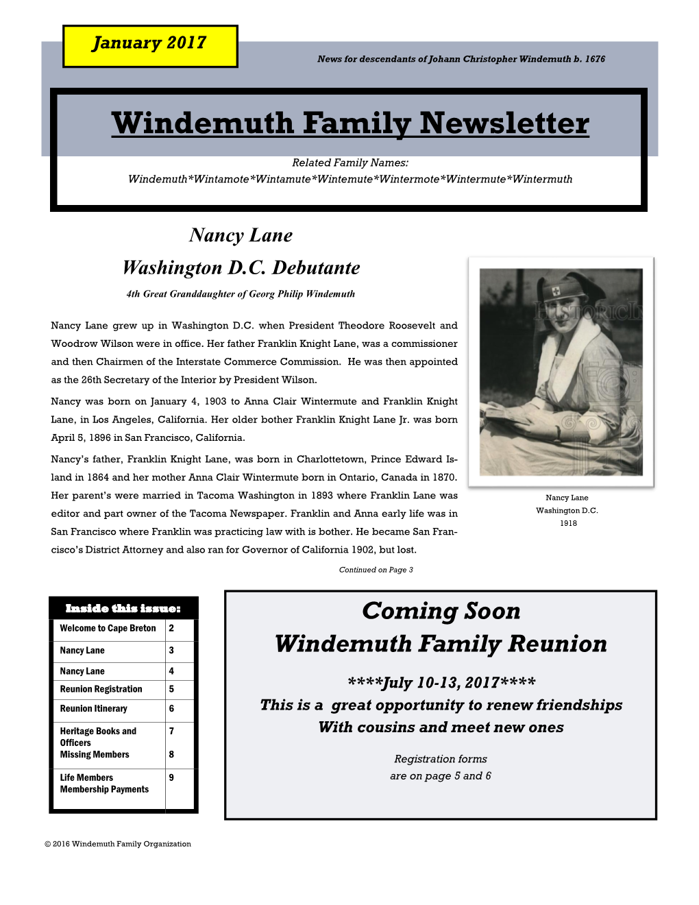 January 2017 News for Descendants of Johann Christopher Windemuth B