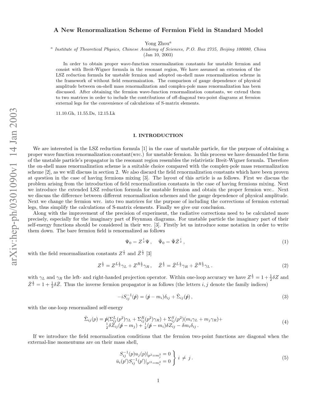 A New Renormalization Scheme of Fermion Field in Standard Model