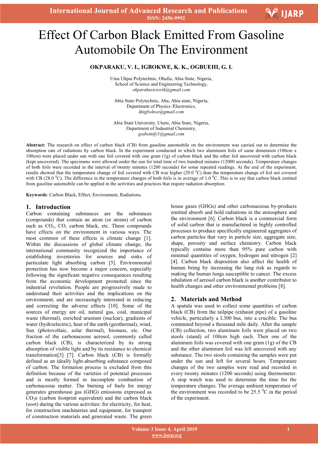 Effect of Carbon Black Emitted from Gasoline Automobile on the Environment