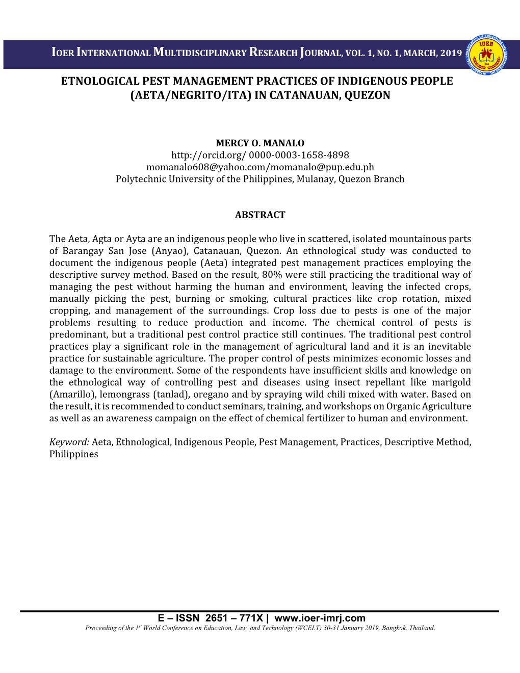 Etnological Pest Management Practices of Indigenous People (Aeta/Negrito/Ita) in Catanauan, Quezon