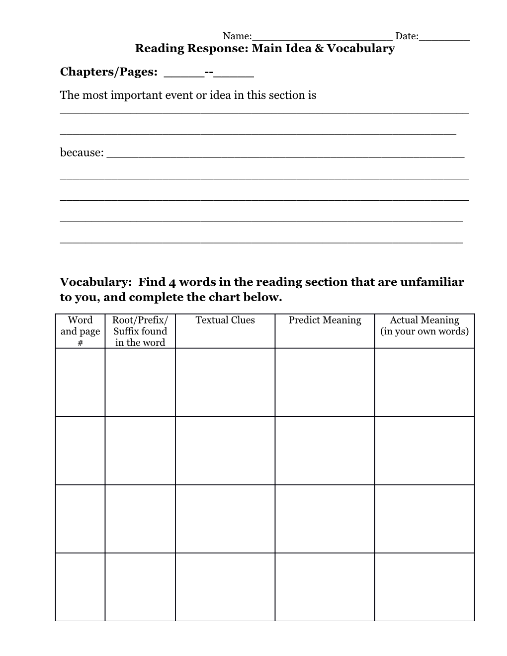 Reading Response: Main Idea & Vocabulary