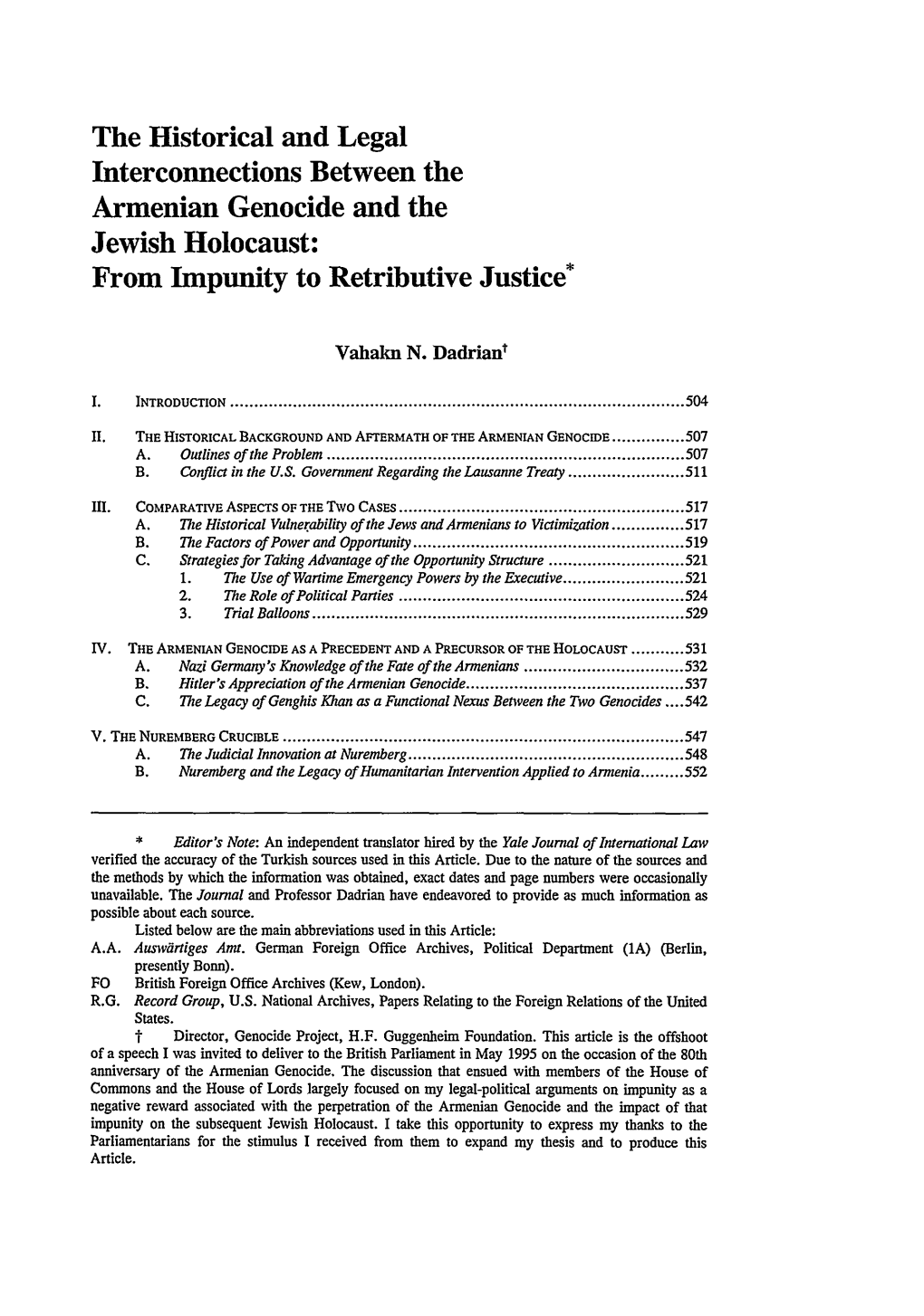 Armenian Genocide and the Jewish Holocaust: from Impunity to Retributive Justice*