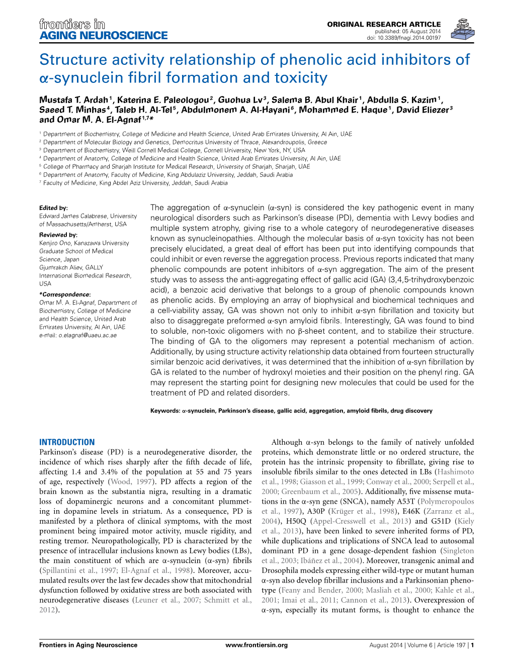 Structure Activity Relationship of Phenolic Acid Inhibitors of Α-Synuclein ﬁbril Formation and Toxicity