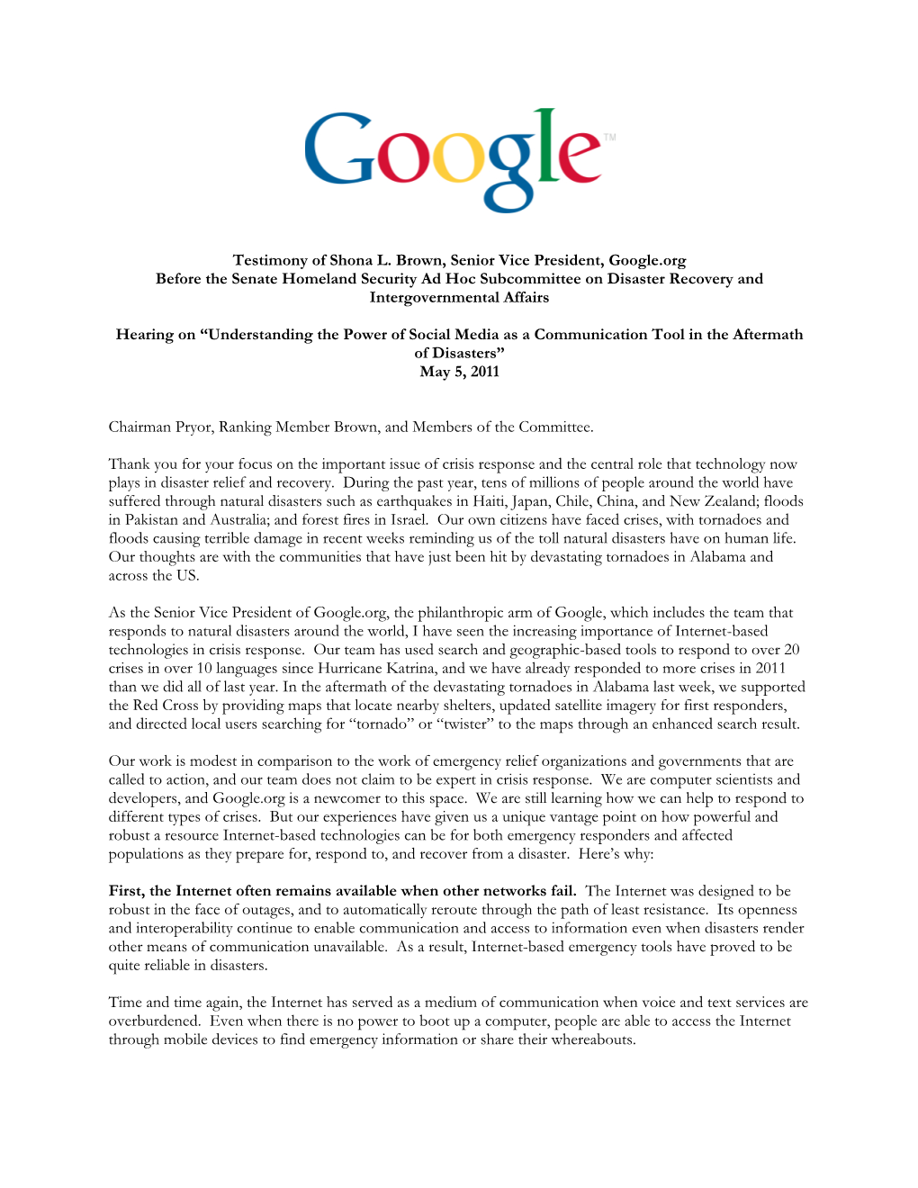 Google Testimony Homeland Security Crisis Response Hearing 5-5-2011