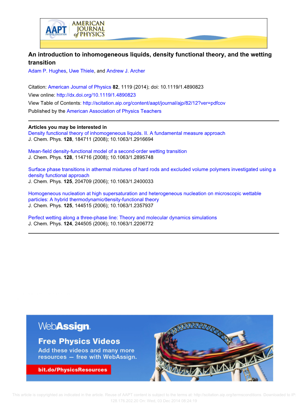 An Introduction to Inhomogeneous Liquids, Density Functional Theory, and the Wetting Transition Adam P