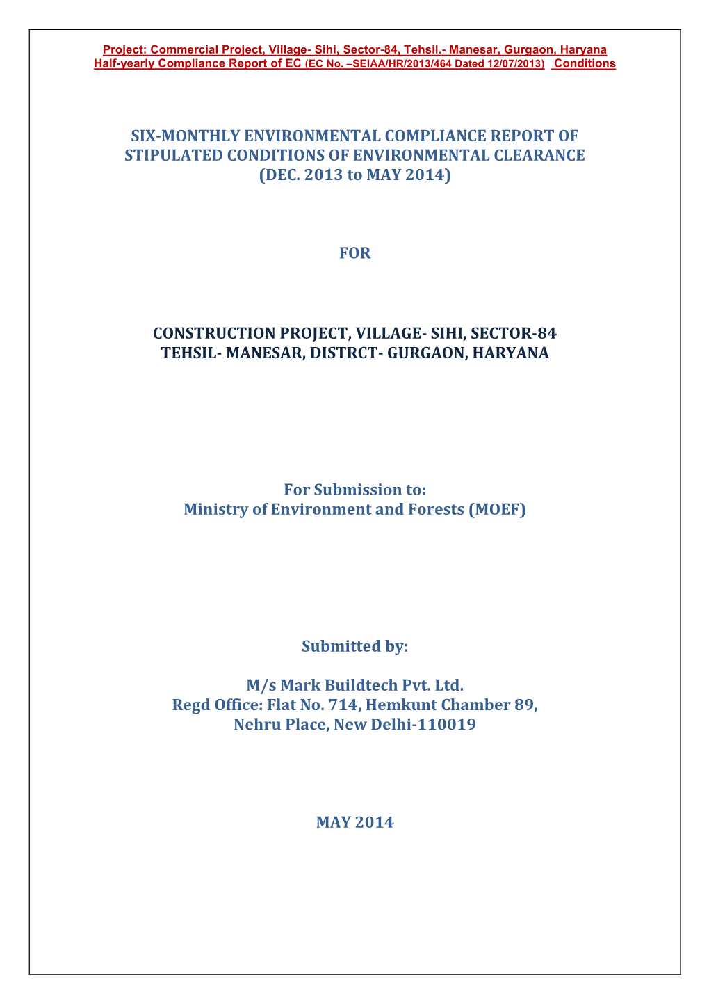 Six-Monthly Environmental Compliance Report of Stipulated Conditions of Environmental Clearance (Dec