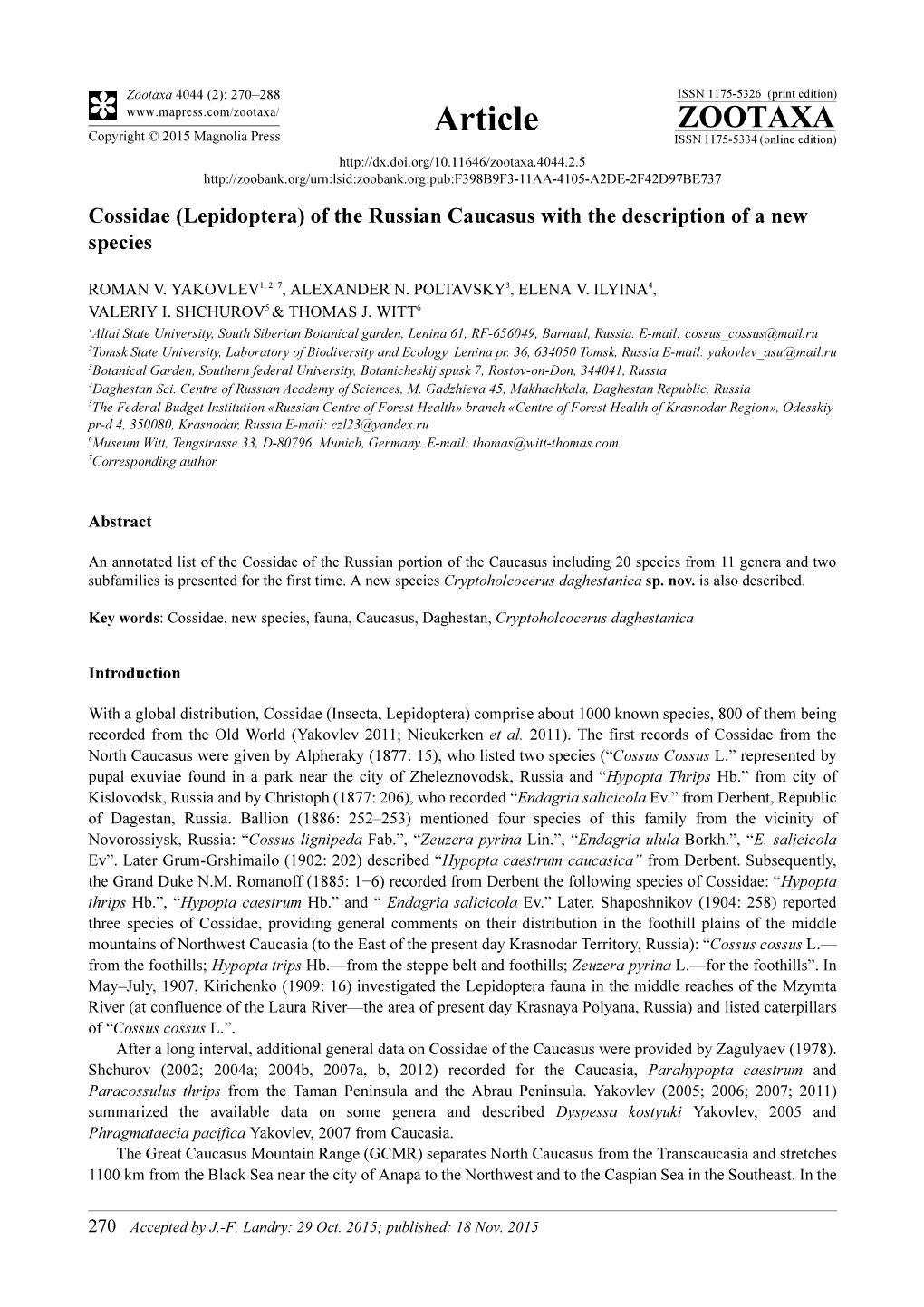 Cossidae (Lepidoptera) of the Russian Caucasus with the Description of a New Species