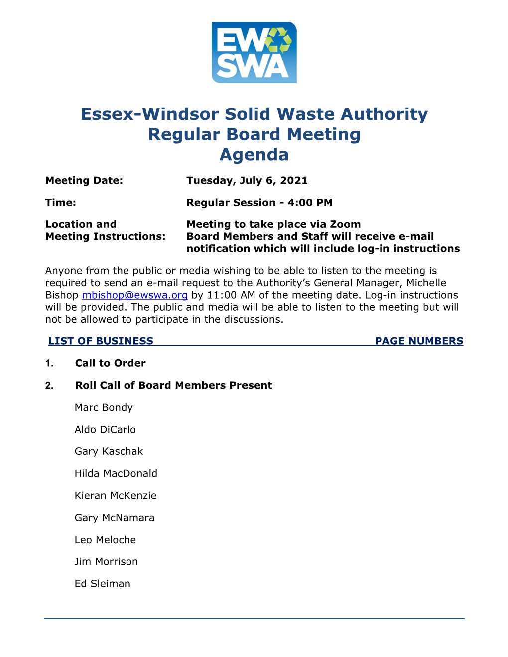 July 6, 2021 EWSWA Regular Board Meeting Agenda Package