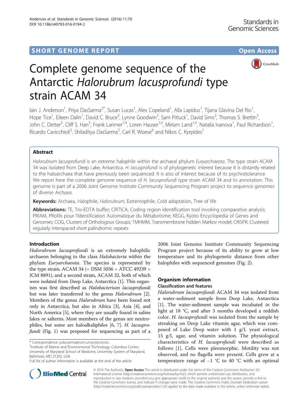 Complete Genome Sequence of the Antarctic Halorubrum Lacusprofundi Type Strain ACAM 34 Iain J