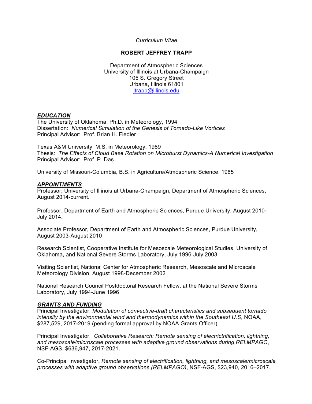 Curriculum Vitae ROBERT JEFFREY TRAPP Department of Atmospheric