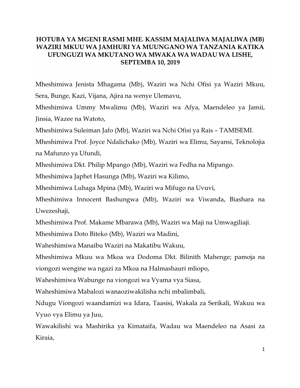 Hotuba Ya Mgeni Rasmi Mhe. Kassim Majaliwa Majaliwa (Mb) Waziri Mkuu Wa Jamhuri Ya Muungano Wa Tanzania Katika Ufunguzi Wa Mkuta