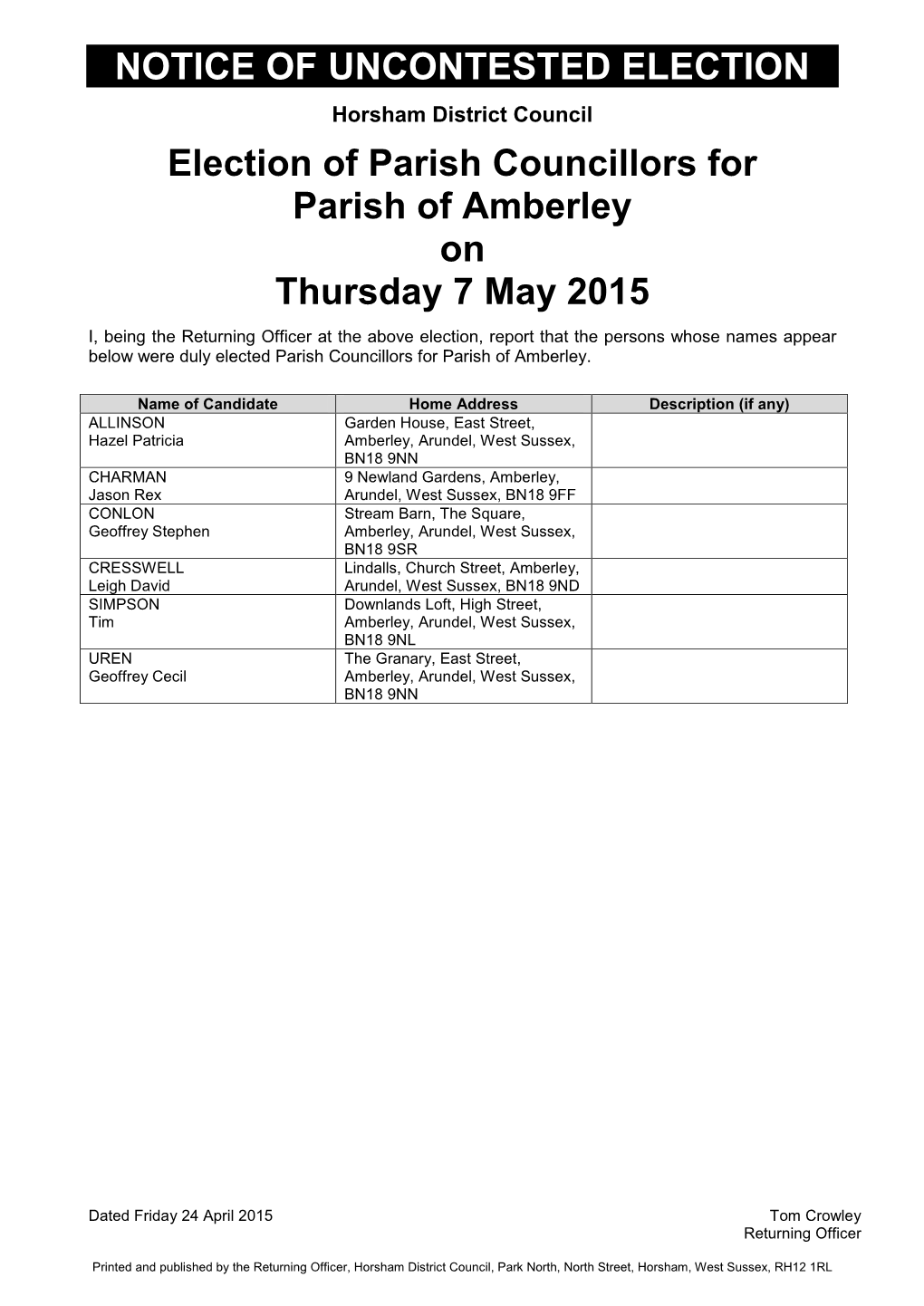 Uncontested Parish Election 2015