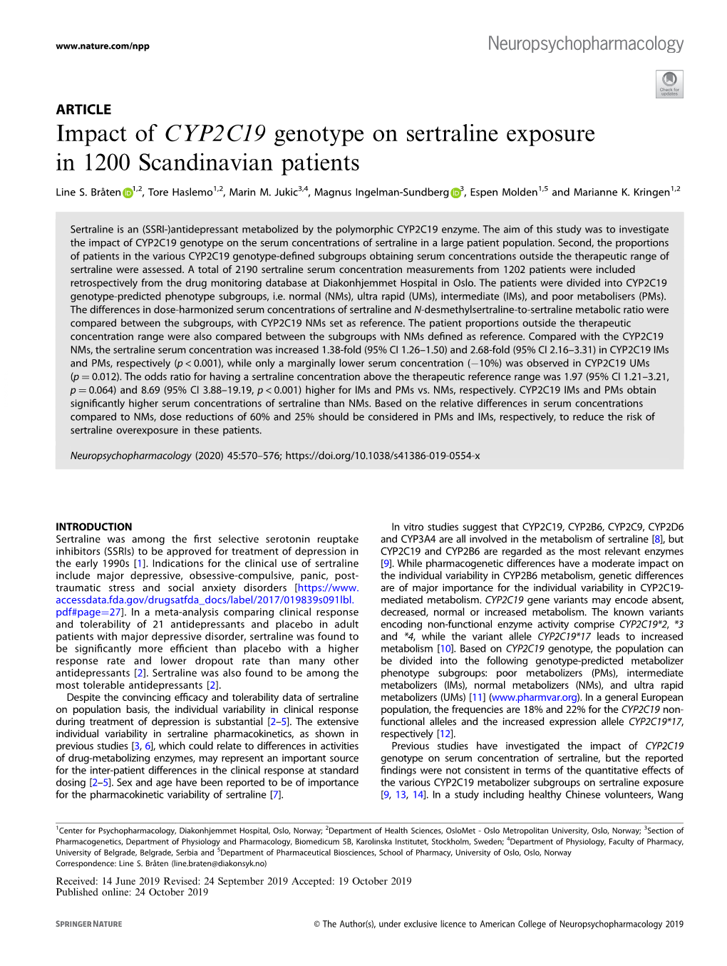 Impact of CYP2C19 Genotype on Sertraline Exposure in 1200 Scandinavian Patients