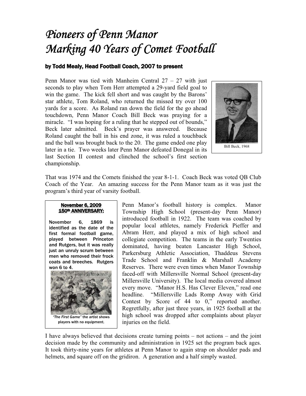 40Th Anniversary of the Penn Manor Football Program