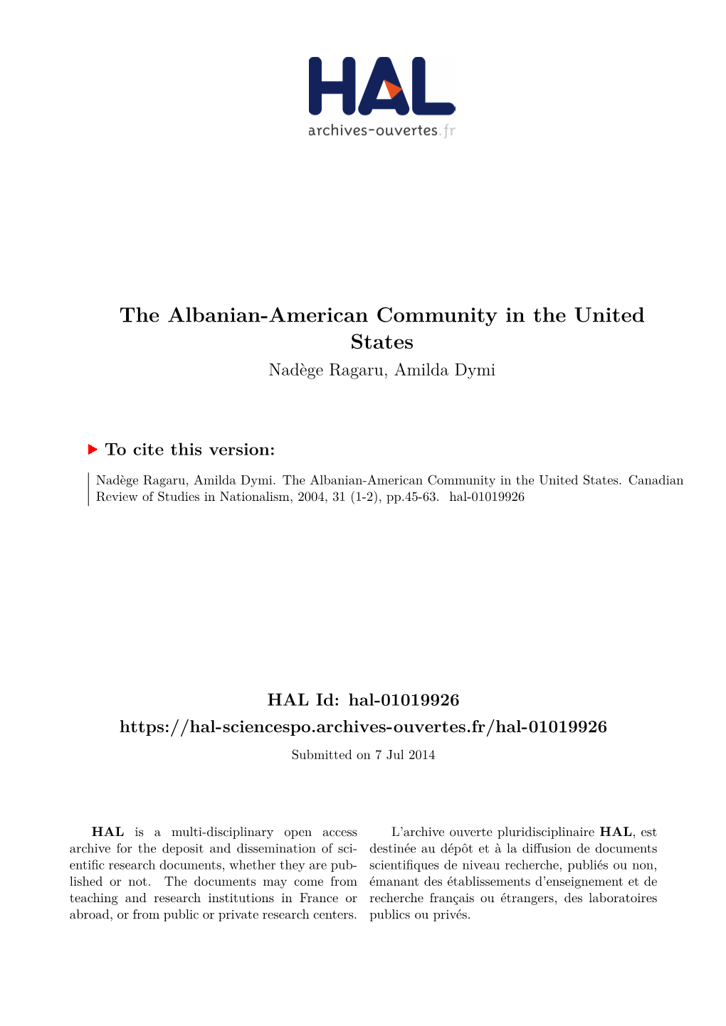 The Albanian-American Community in the United States Nadège Ragaru, Amilda Dymi