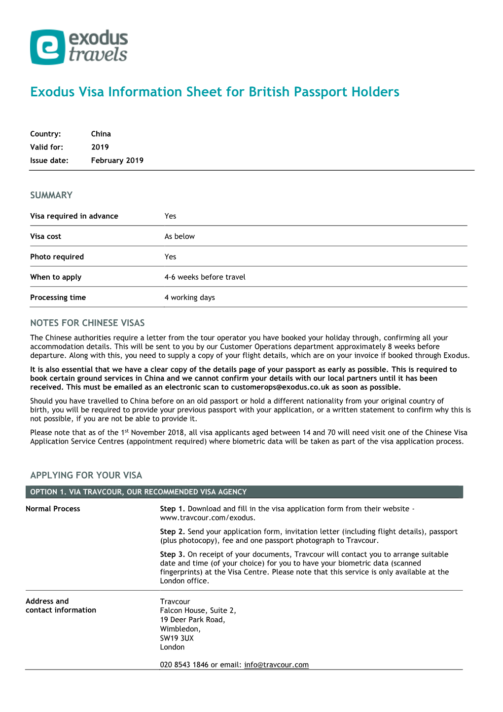 Exodus Visa Information Sheet for British Passport Holders