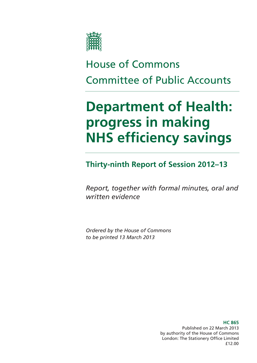 Department of Health: Progress in Making NHS Efficiency Savings