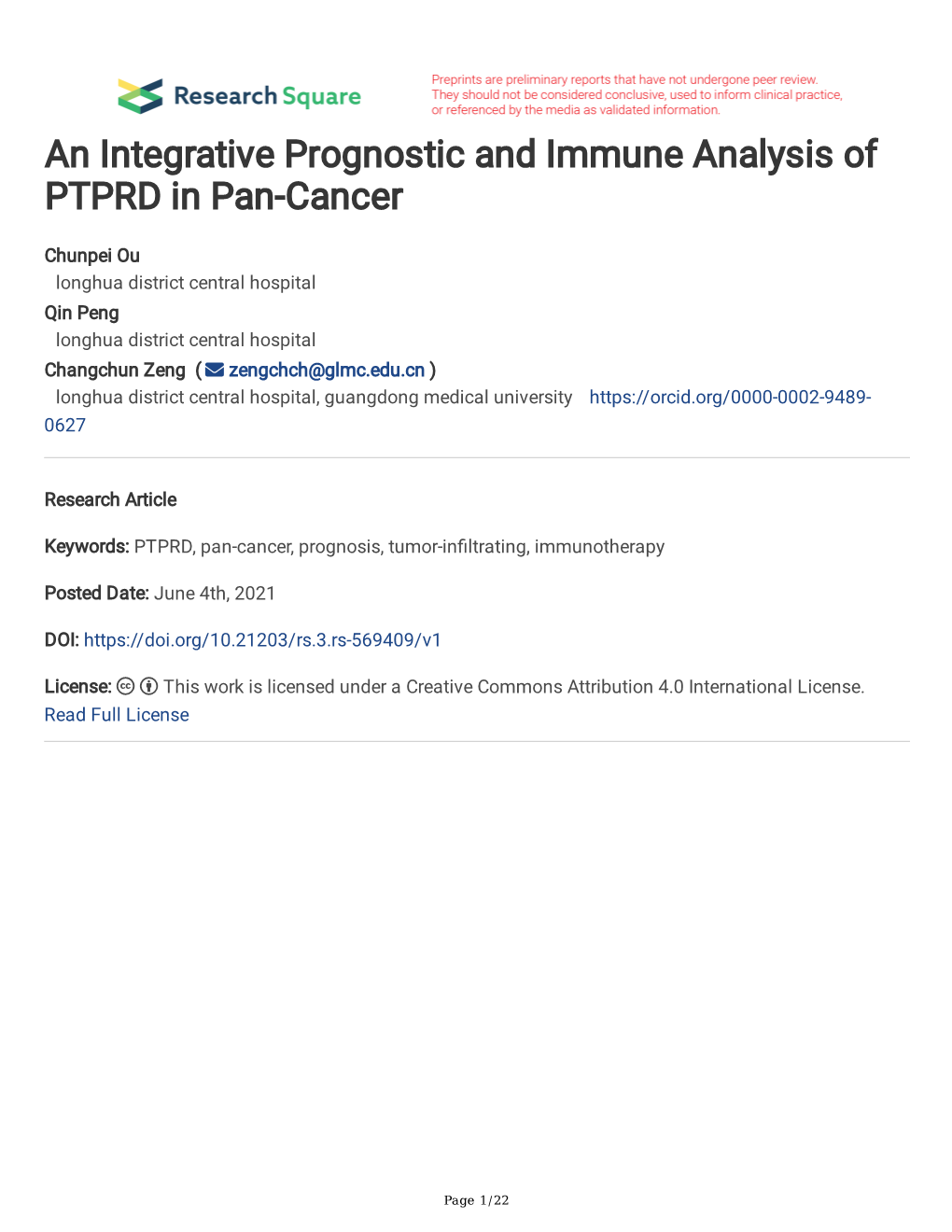 An Integrative Prognostic and Immune Analysis of PTPRD in Pan-Cancer