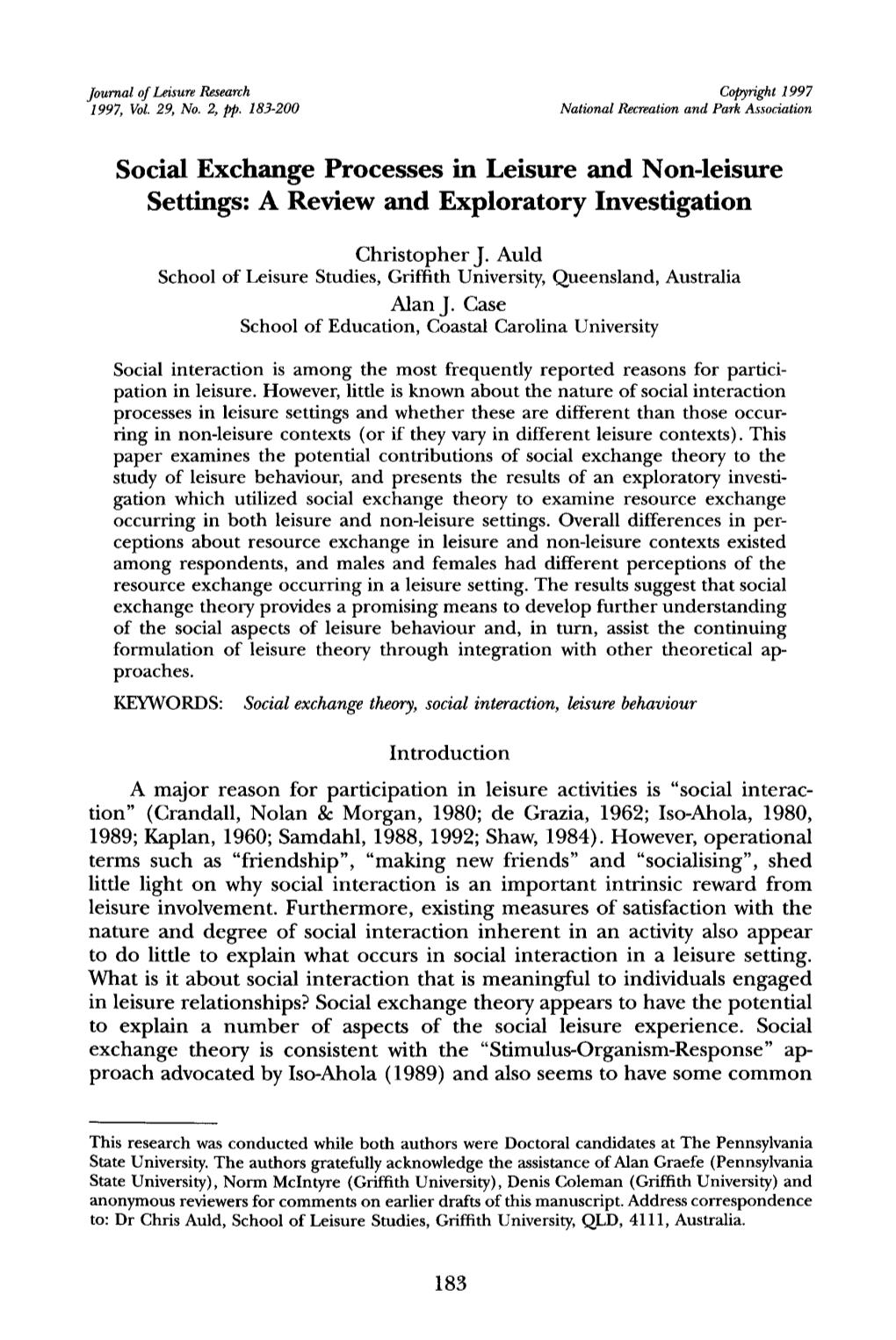 Social Exchange Processes in Leisure and Non-Leisure Settings: a Review and Exploratory Investigation