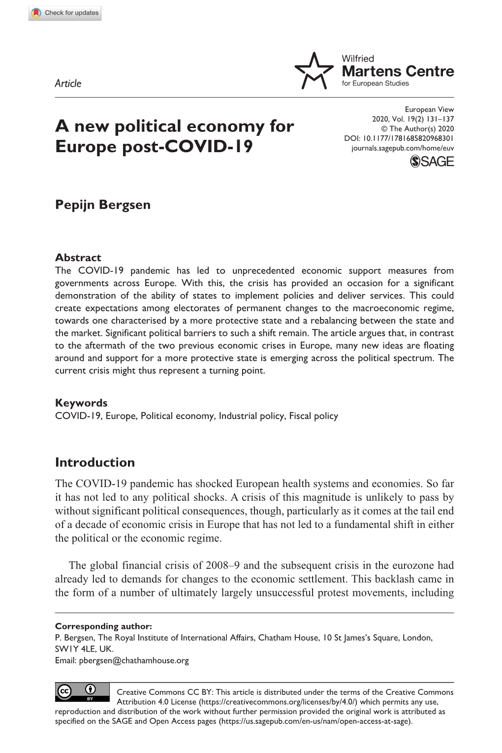 A New Political Economy for Europe Post-COVID-19