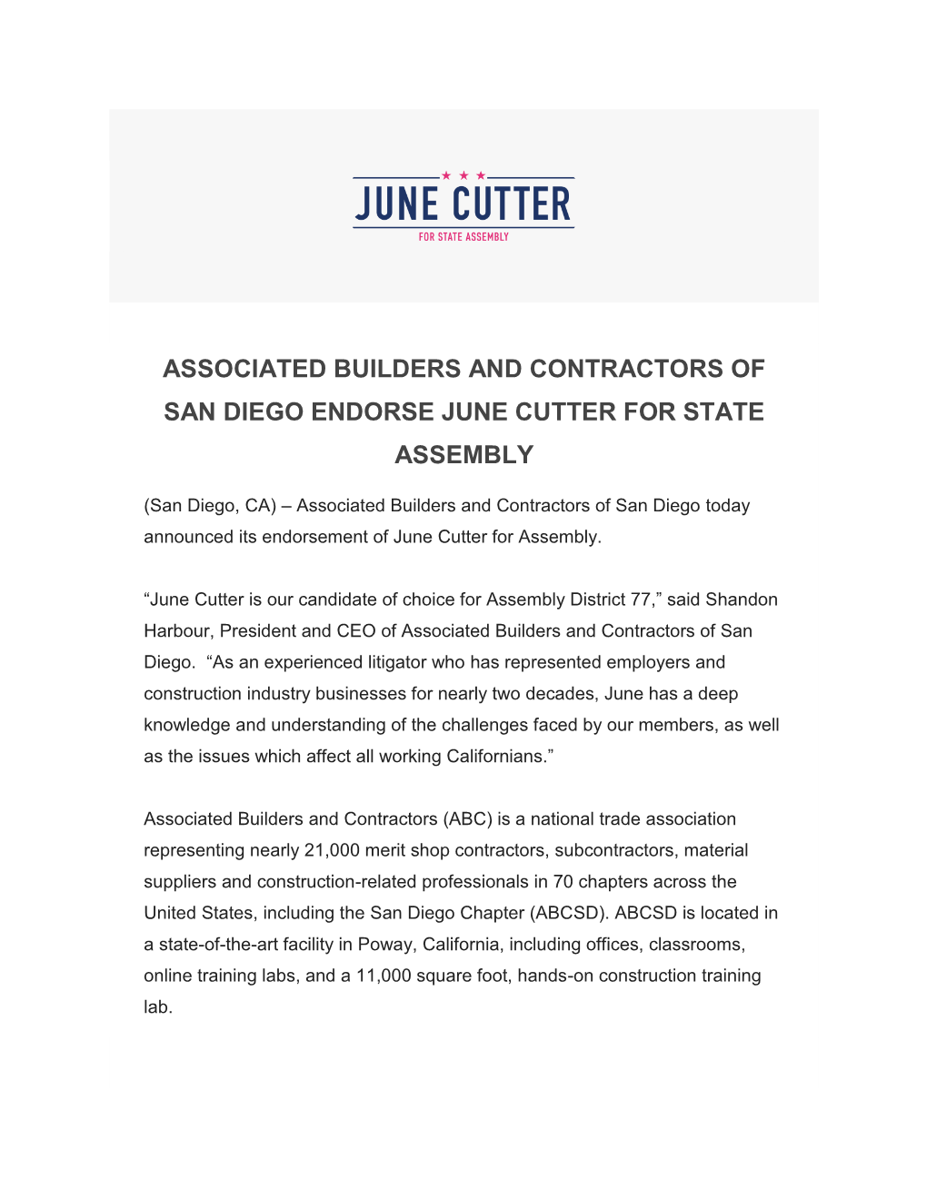 Associated Builders and Contractors of San Diego Endorse June Cutter for State Assembly