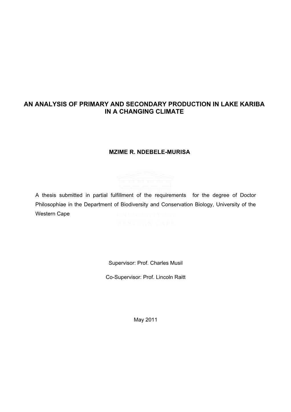 An Analysis of Primary and Secondary Production in Lake Kariba in a Changing Climate