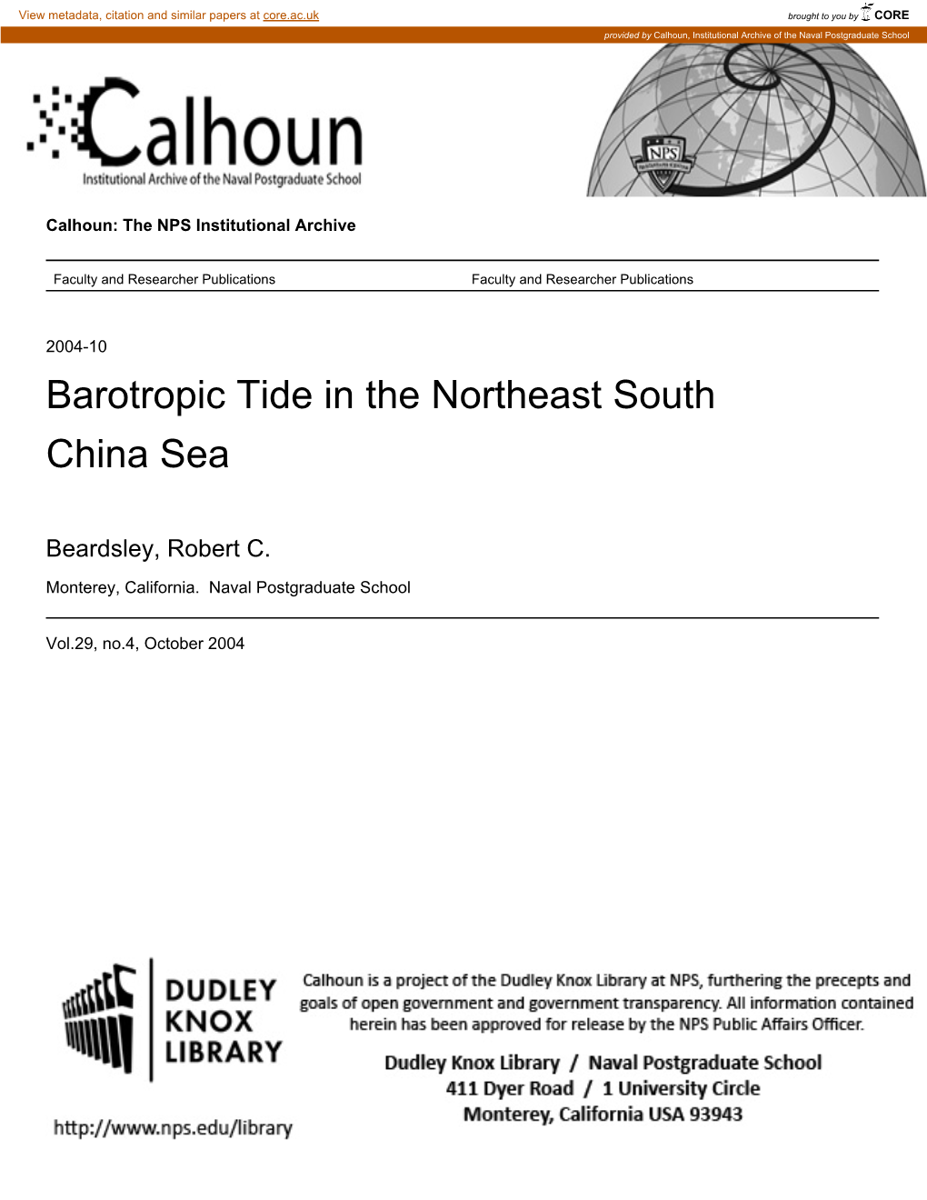 Barotropic Tide in the Northeast South China Sea