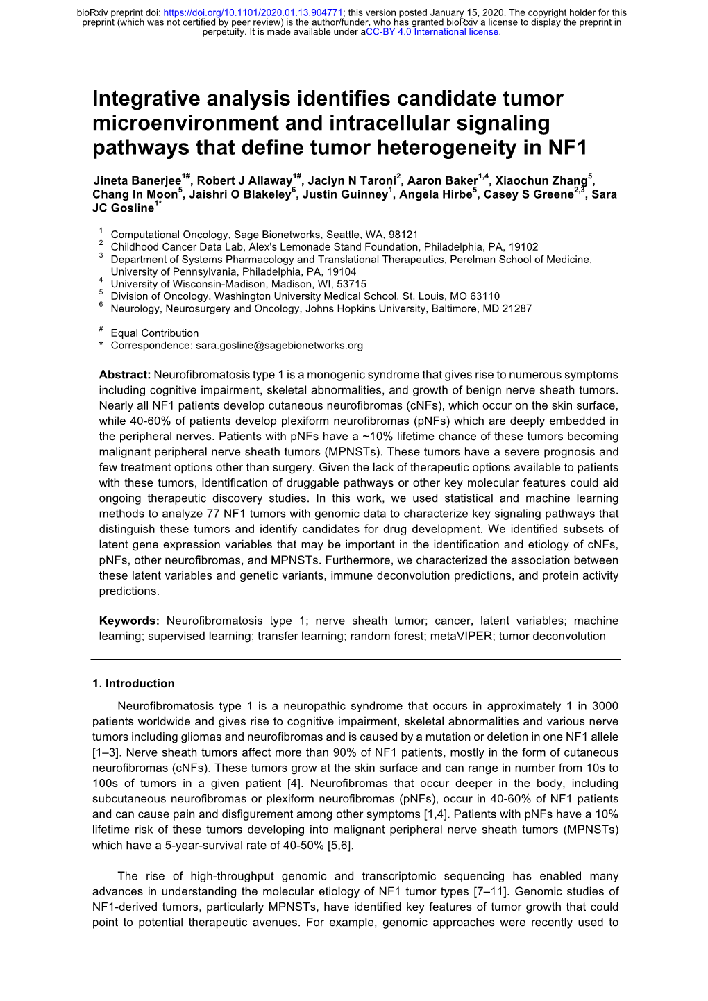 Integrative Analysis Identifies Candidate Tumor Microenvironment and Intracellular Signaling Pathways That Define Tumor Heterogeneity in NF1