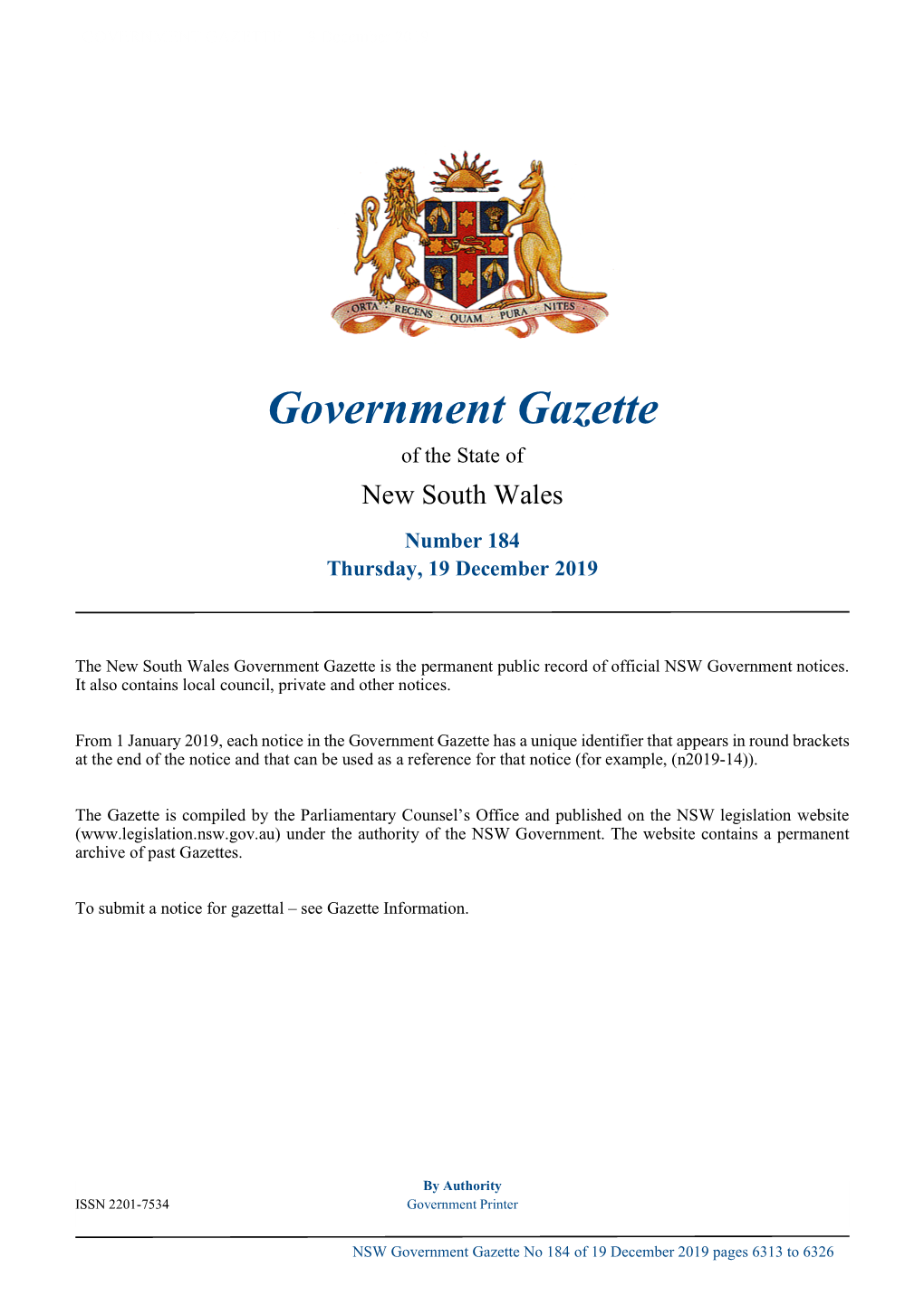Government Gazette No 184 of Thursday 19 December 2019