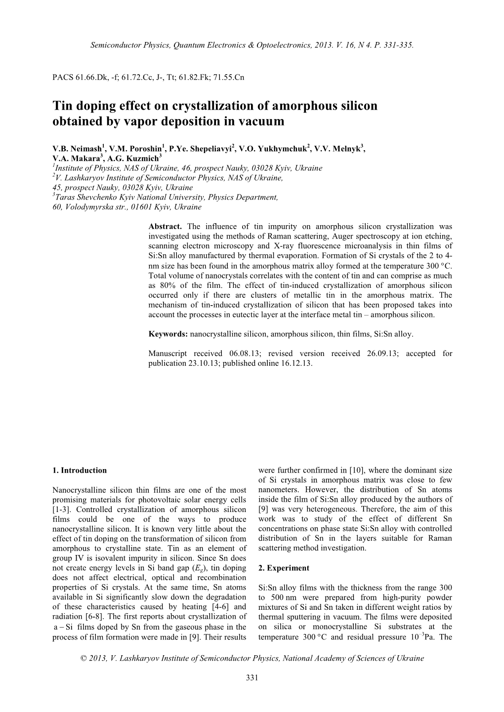 Tin Doping Effect on Crystallization of Amorphous Silicon Obtained by Vapor Deposition in Vacuum