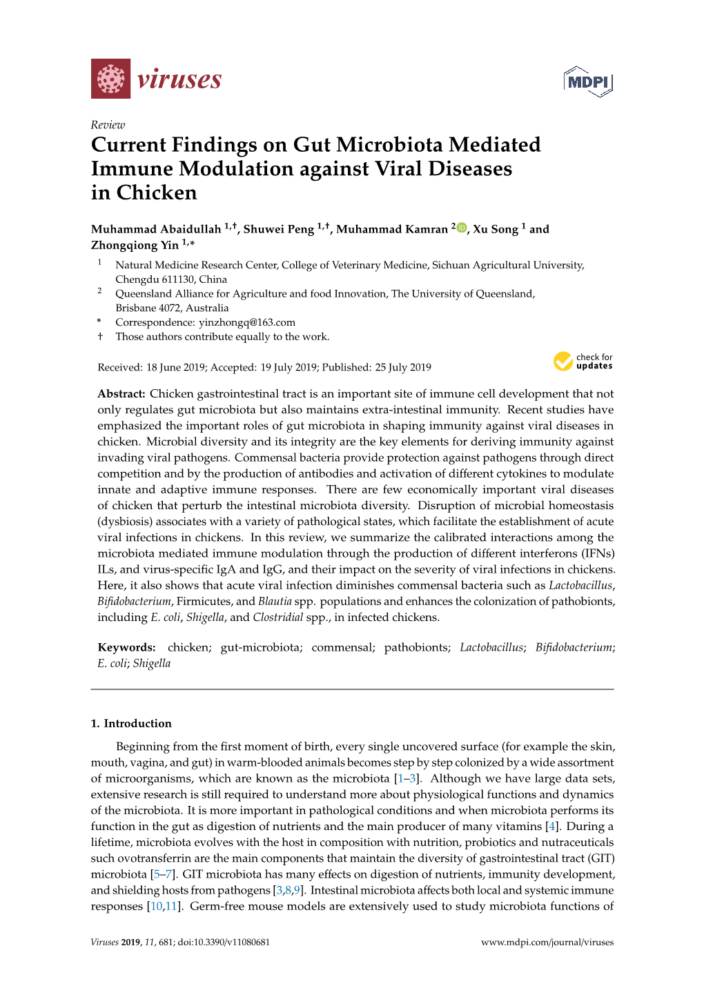 Current Findings on Gut Microbiota Mediated Immune Modulation Against Viral Diseases in Chicken