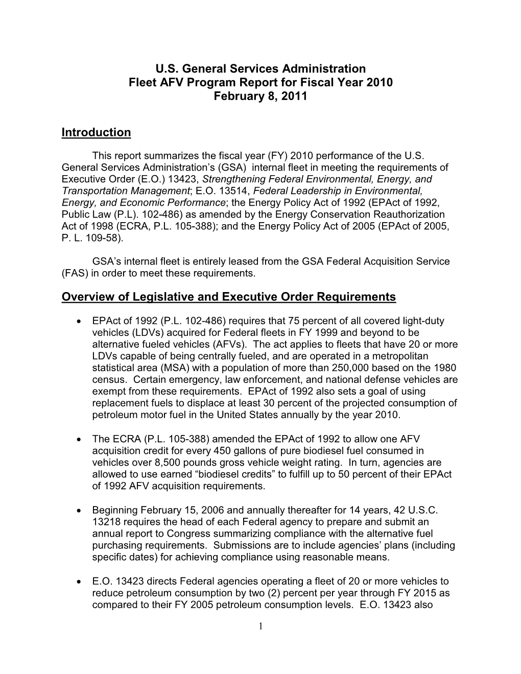 General Services Administration Fleet AFV Program Report for Fiscal Year 2010 February 8, 2011