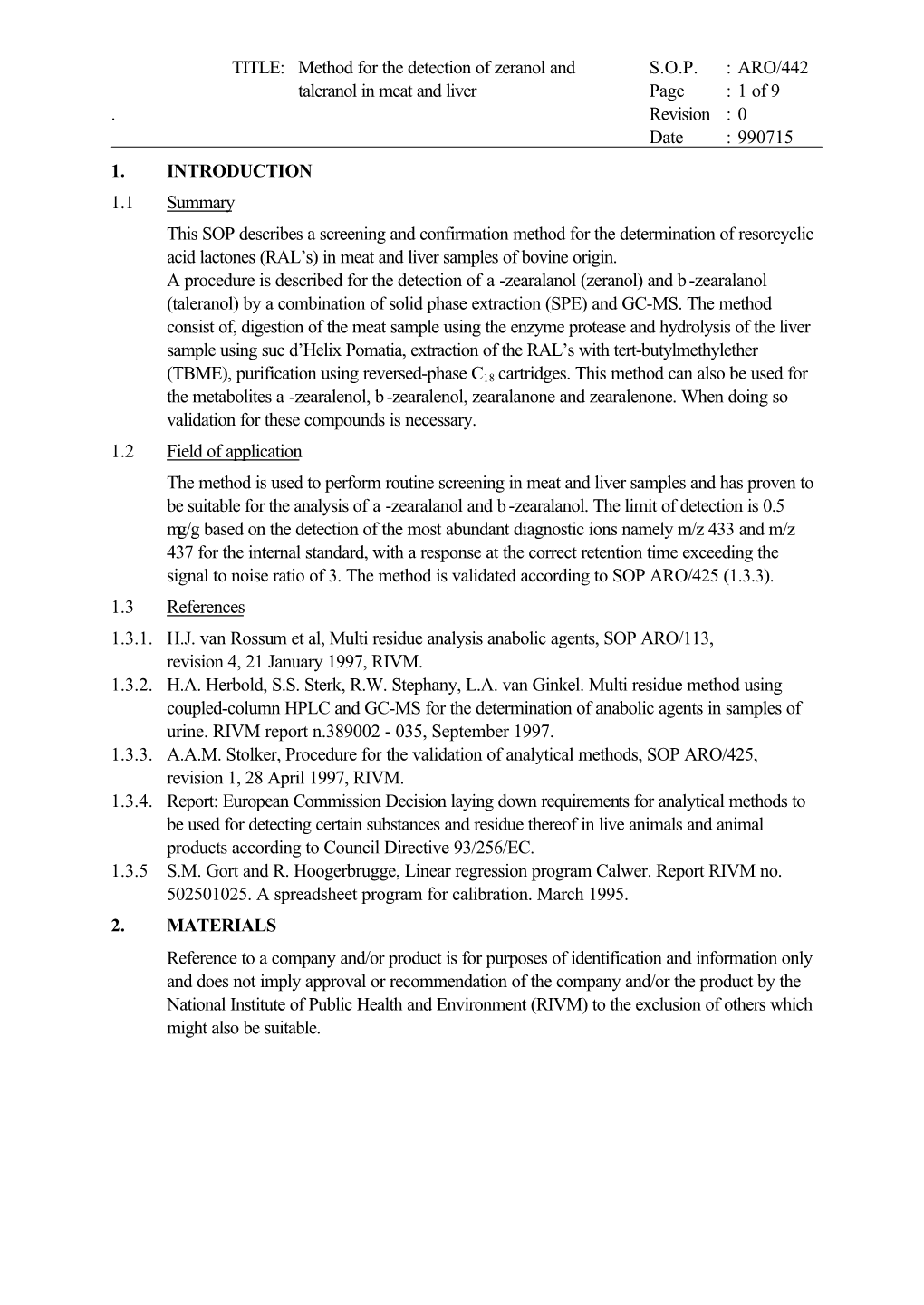 Method for the Detection of Zeranol and SOP : ARO/442 Taleranol In