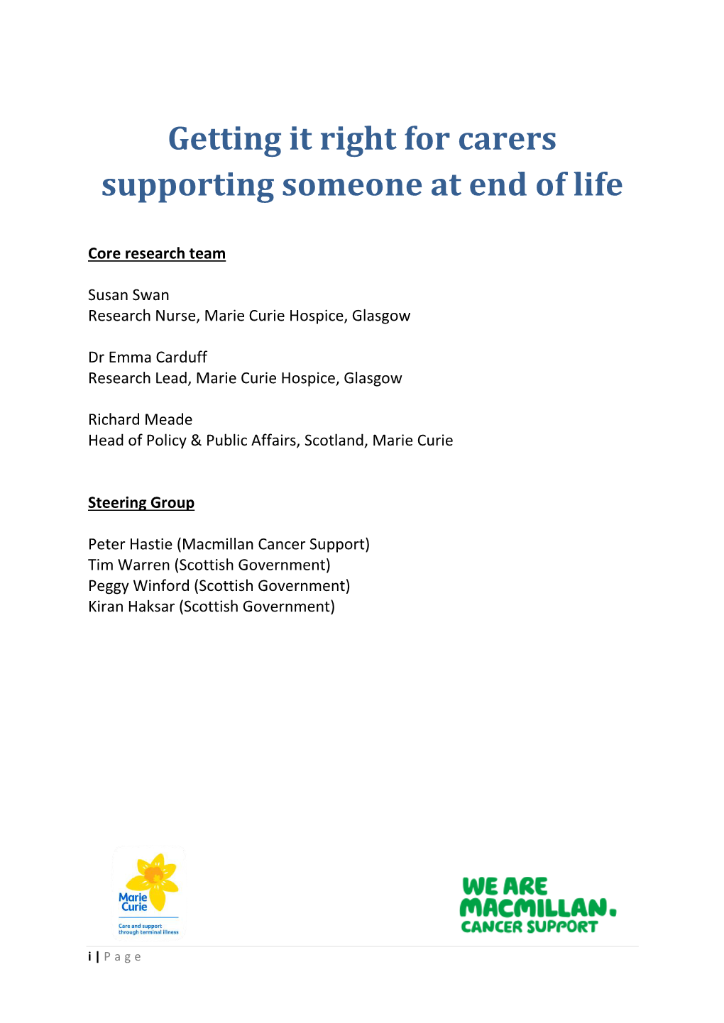 Getting It Right for Carers Supporting Someone at End of Life