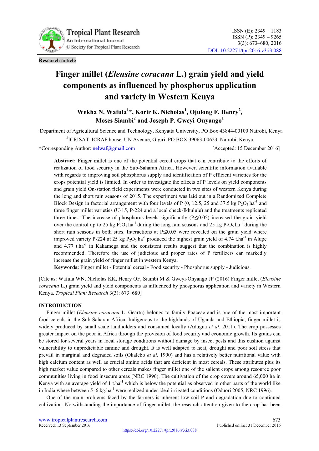 Finger Millet (Eleusine Coracana L.) Grain Yield and Yield Components As Influenced by Phosphorus Application and Variety in Western Kenya