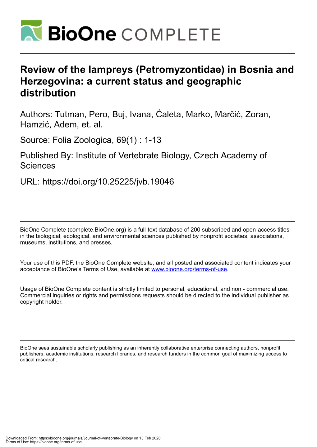 Review of the Lampreys (Petromyzontidae) in Bosnia and Herzegovina: a Current Status and Geographic Distribution