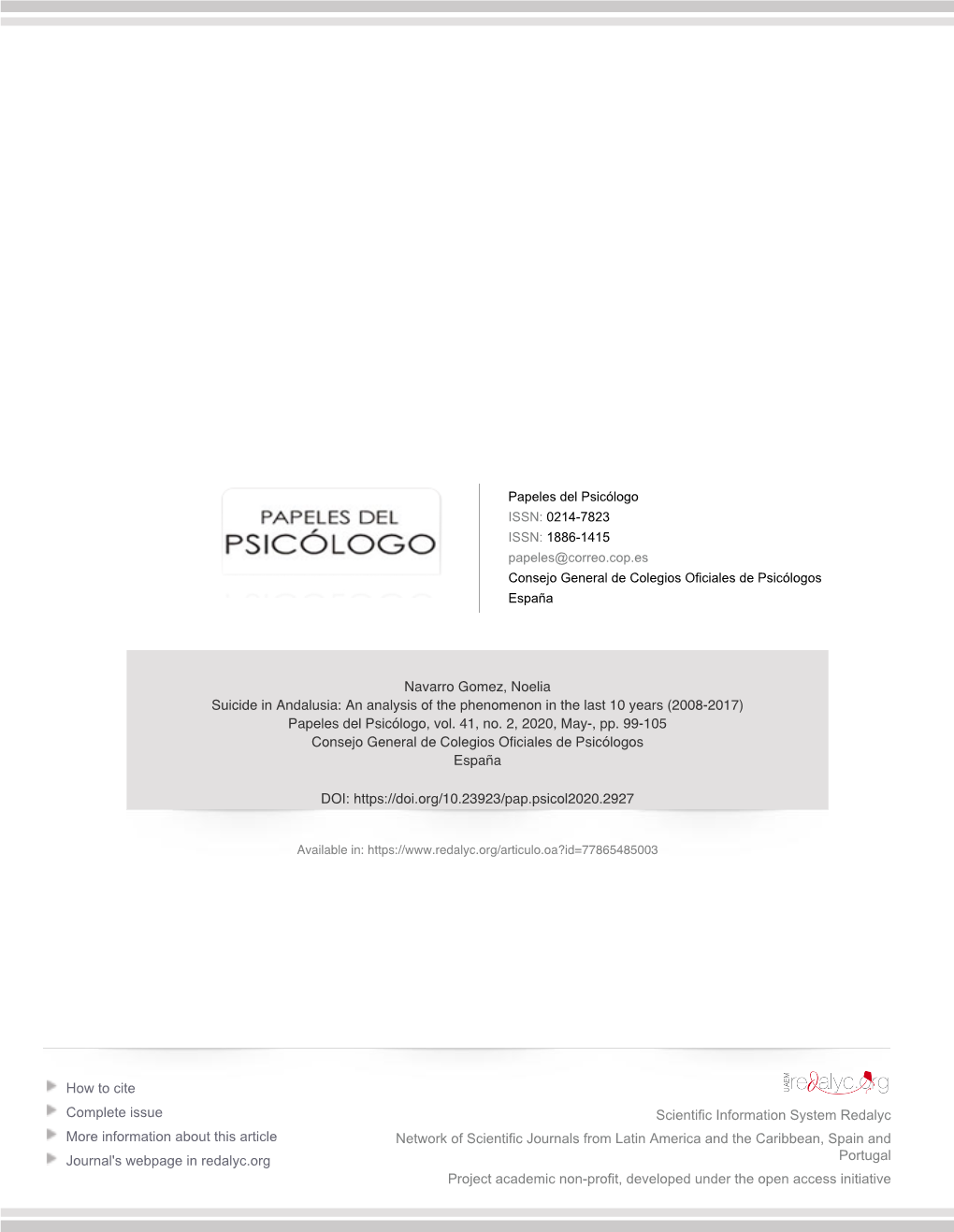 Suicide in Andalusia: an Analysis of the Phenomenon in the Last 10 Years (2008-2017) Papeles Del Psicólogo, Vol